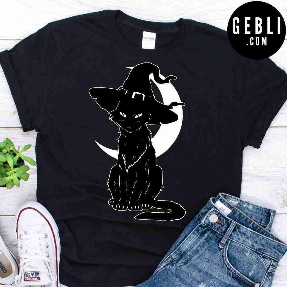 Halloween Scary Black Cat With Witch Hat Shirt